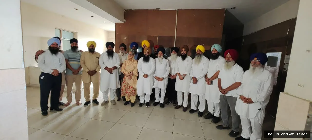 Sikh organisation representatives address a press conference in Jalandhar seeking SGPC president Harjinder Singh Dhami’s resignation
