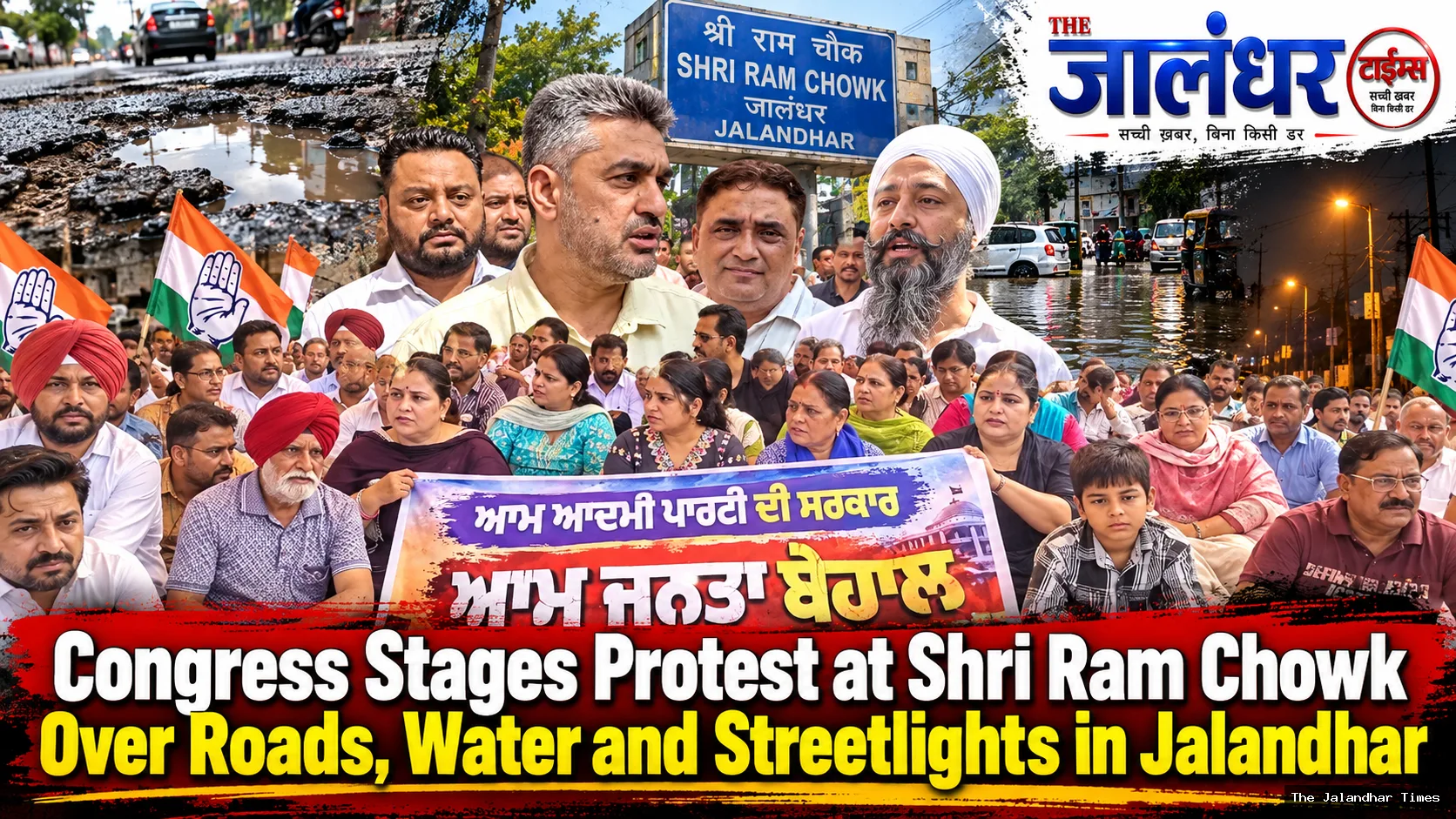 Congress leaders protest at Shri Ram Chowk in Jalandhar over damaged roads, dirty water and non-functional streetlights